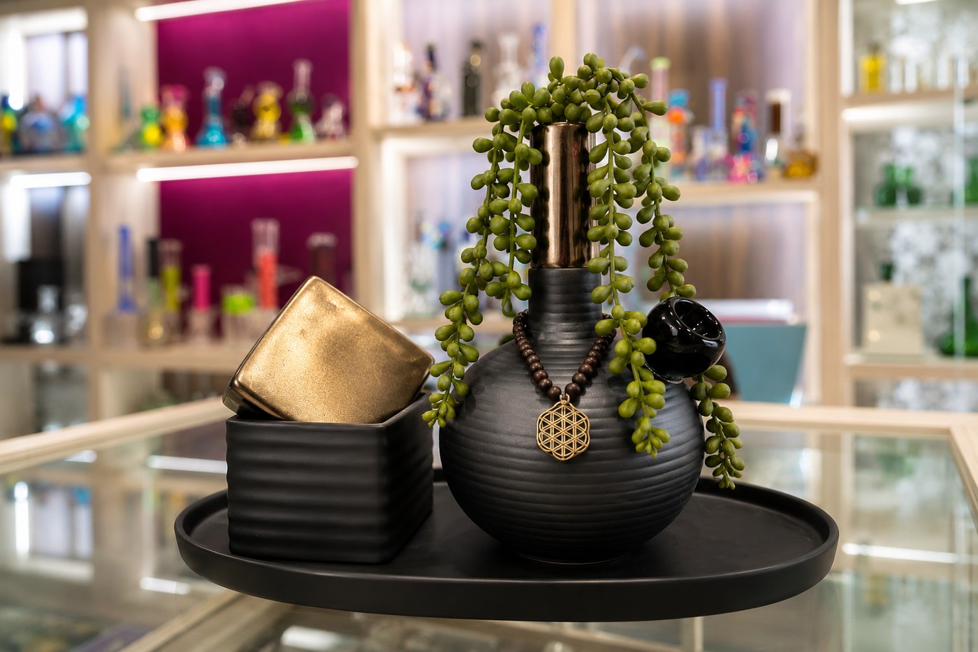 Black vase display at Rolling & Co.