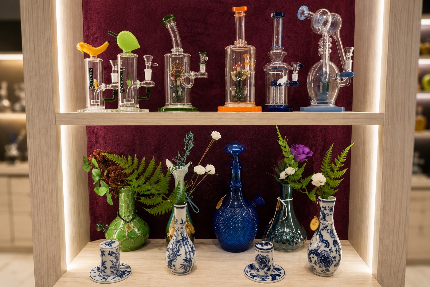 Glass and botanicals display at Rolling & Co.